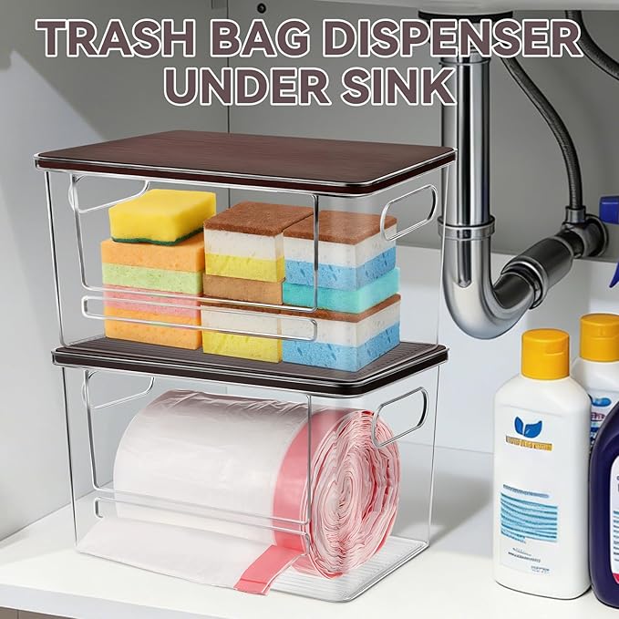Trash Bag Dispenser, Trash Bag Holder Dispenser with Bamboo Top, Extra Large Garbage Bag Holder Dispenser Trash Bag Organizer Under Sink for Kitchen, Pantry, Laundry Room