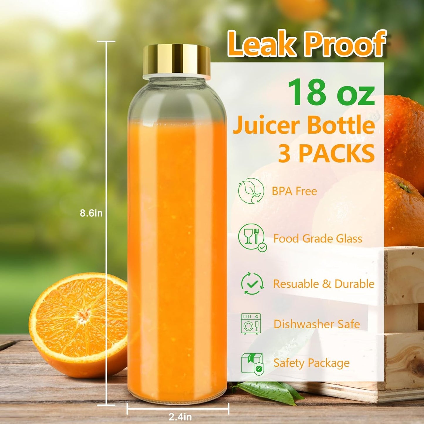 Zukro Glass Water Bottles with Gold Lids 18 oz, Reusable Clear Glass Juice Bottles Stainless Steel Airtight Cap for Juicing, 100% Leak Proof Juice Drinking Jar for Refrigerator, BPA Free, Set of 3