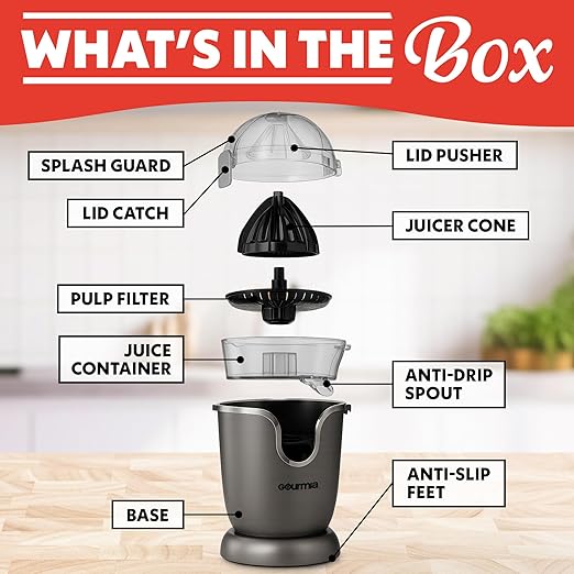Gourmia Automatic Citrus Juicer - 17 oz Capacity, One-Touch Operation, Universal Cone, Anti-Drip Spout, Dishwasher-Safe Accessories, Compact Quiet 60W Motor