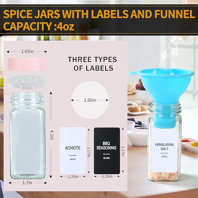 24 Glass Spice Jars with Labels, Spice Jar Set, 4oz Seasoning Containers, Spice Containers with Pink Airtight Lids and Shaker Lids, Square Empty Spice Bottles, 492 Labels, 1 Funnel