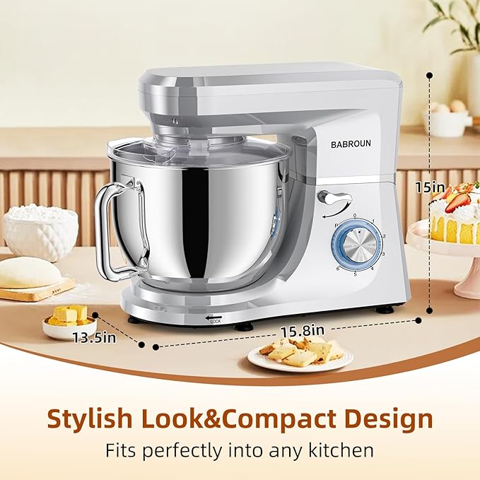 Dough Mixer 8.45 QT Electric Mixer - 660W 6 Speed Large Capacity Kitchen Stand Mixer with Whisk Dough Hook Mixing Beater Household Food Mixer for Baking Cakes Cookie Bread Salad
