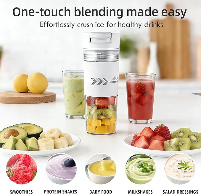 Portable Blender, Cordless, 24 oz Personal Blender - Small Shakes and Smoothie Maker,Mother‘s Day, BPA Free,USB-C Rechargeable (White), Great Gift-Women,Gym Goers,Office Workers & Smoothie Lovers