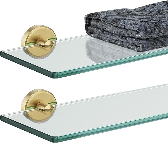 JQK Bathroom Glass Shelf Gold, Tempered Glass Shower Storage 20 by 5 inches, 304 Stainless Steel Brushed Gold Wall Mount, 2 Pack, TGS101L20-BG-P2