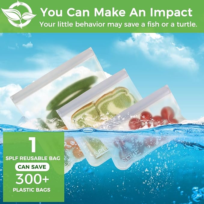 SPLF 10 Pack Reusable Sandwich Bags Dishwasher Safe, Reusable Quart Freezer Bags, Extra Thick Leakproof Food Storage Bags Silicone and Plastic Free for Marinate Meats, Cereal, Lunch, Travel Items Gray