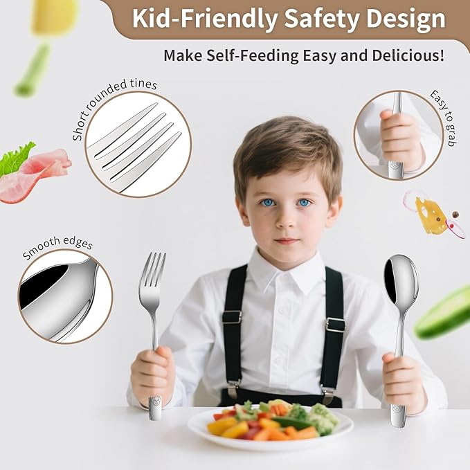 DEHOV Toddler Eating Utensils Set,Set Of 12 Food Grade Stainless Steel Silverware Sets For Kids,Dishwasher Safe Children Small Metal Spoons And Forks Flatware Sets