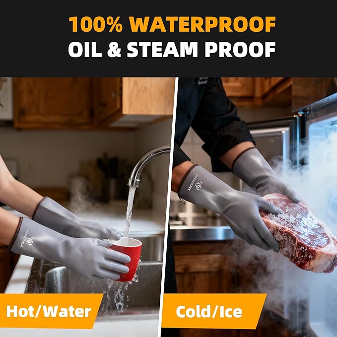 XXL Liquid Silicone BBQ Gloves - Heat Resistant Gloves for Grilling 662°F, 13.8" Extra Long Waterproof Smoker Oven Mitts with Cotton Liner, Meat Handling Accessories for Big Hands, Grey