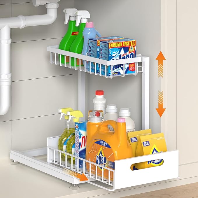 Saydear Under Sink Organizer Storage 2-Tier Premium Metal Pull-Out Kitchen Cabinet Organizer with Sliding Drawer, Height Adjustable, Heavy Duty for Kitchen & Bathroom Organizers 1 Pack White