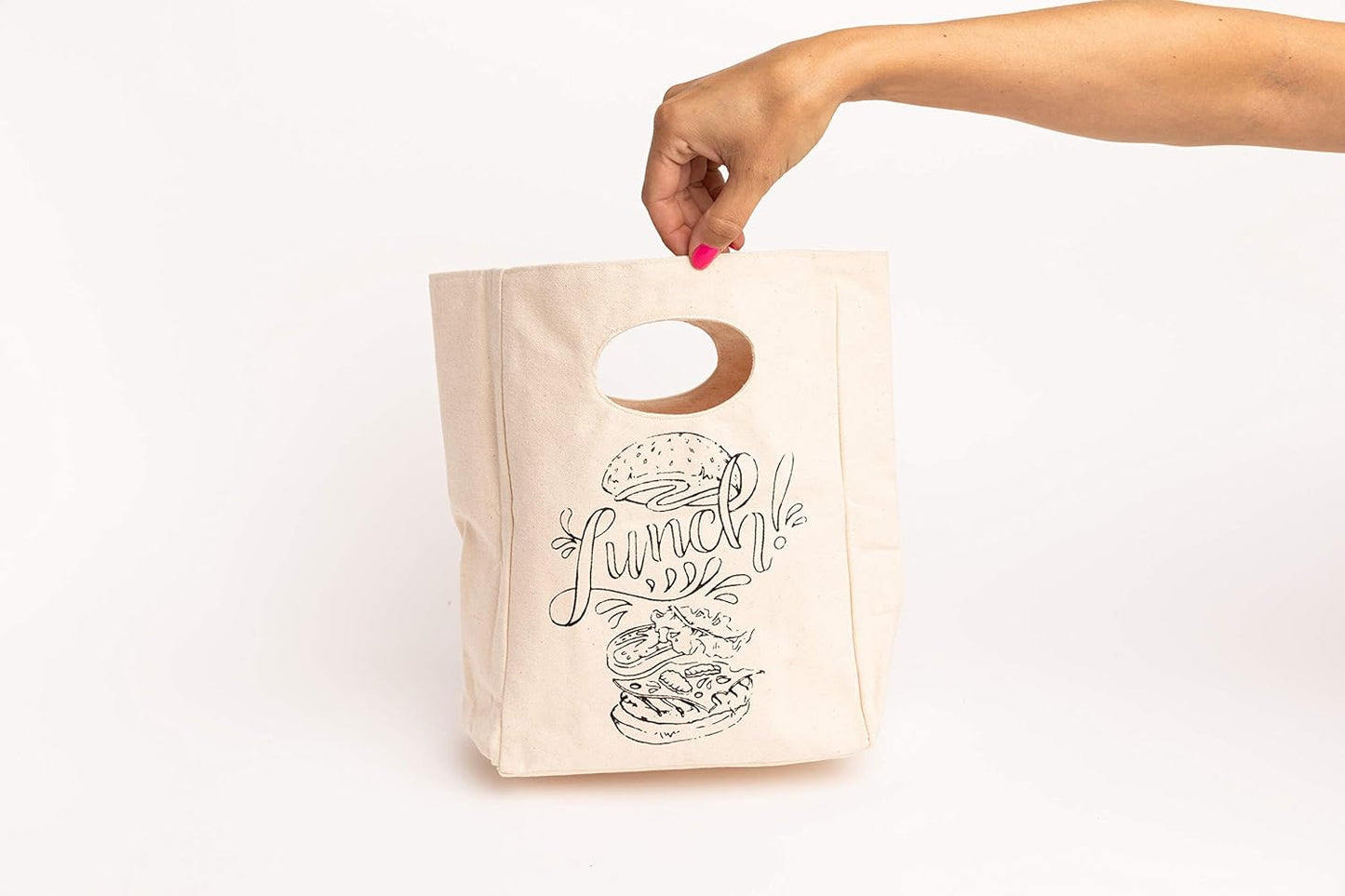 Organic Cotton Canvas Lunch Bag - Eco Friendly & Machine Washable | Perfect for Men, Women & Kids - Easy to Clean Water Resistant (White with Black Print - 2 Pack)