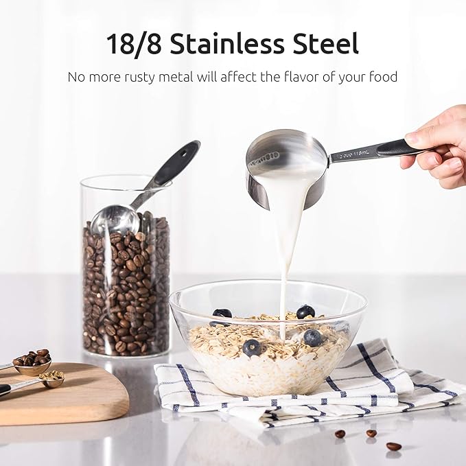 U-Taste 10 Piece Measuring Cups and Spoons Set in 18/8 Stainless Steel, and 18/8 Stainless Steel 3.9 inch 30 Mesh Strainer (Black)