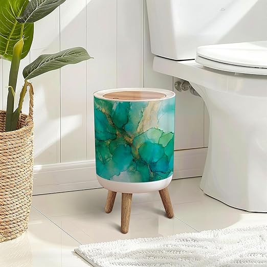 Trash Can with Lid Abstract green gold fragment colorful Mixing acrylic paints Modern art Press Top Round Small Garbage Bin with Wooden Legs Waste Basket for Kitchen Bedroom Nursery 7L/1.8 Gallon