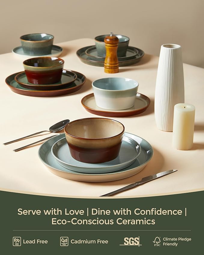 Pokini Plates and Bowls Sets for 8, Ceramic Dinnerware Sets, Kitchen Dish Set, Microwave & Dishwasher Safe Dishware, Highly Durable Handcrafted Dinner Set, Brown Green