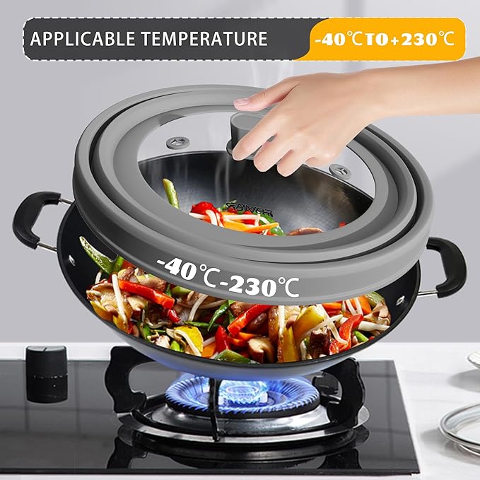 Microwave Splatter Cover, Vented Silicone and Glass Cover Splatter Guard Lid, Food Collapsible Plate Cover Lid with Easy Grip Handle. (Gray, 9 inch)