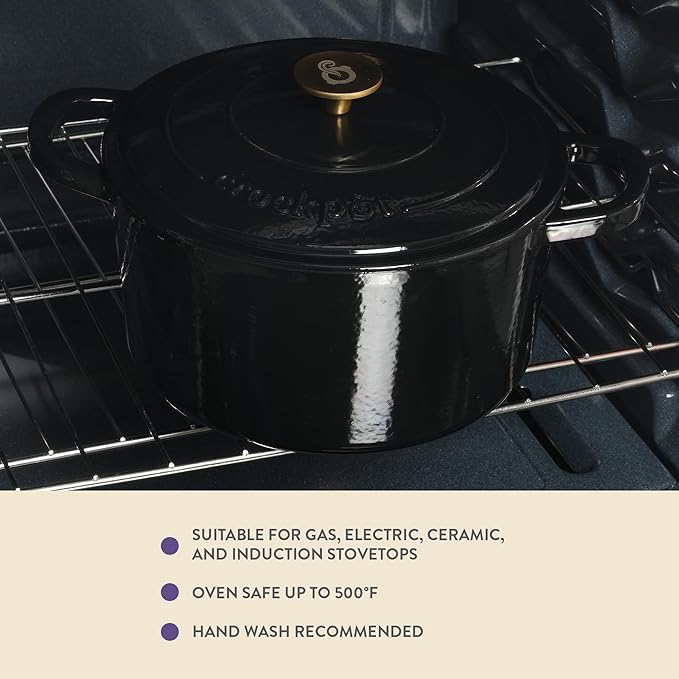 Crock Pot Artisan 7-Quart Round Cast Iron Dutch Oven with Lid – Black Enamel Finish, Gold Knob, Durable Heavy-Duty Cookware for Slow Cooking, Baking, and Roasting