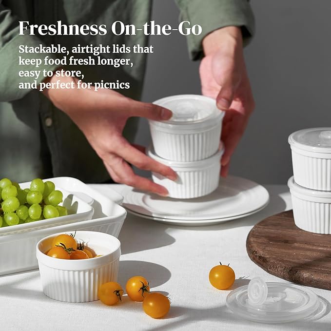 DOWAN Ramekins 8 oz Oven Safe with Lids, Creme Brulee Ramekins Bowls, Porcelain Ramiken Souffle Dishes, Custard Cups for Baking, Small Bowls for Pudding Dip Sauces Dessert, White, Set of 6