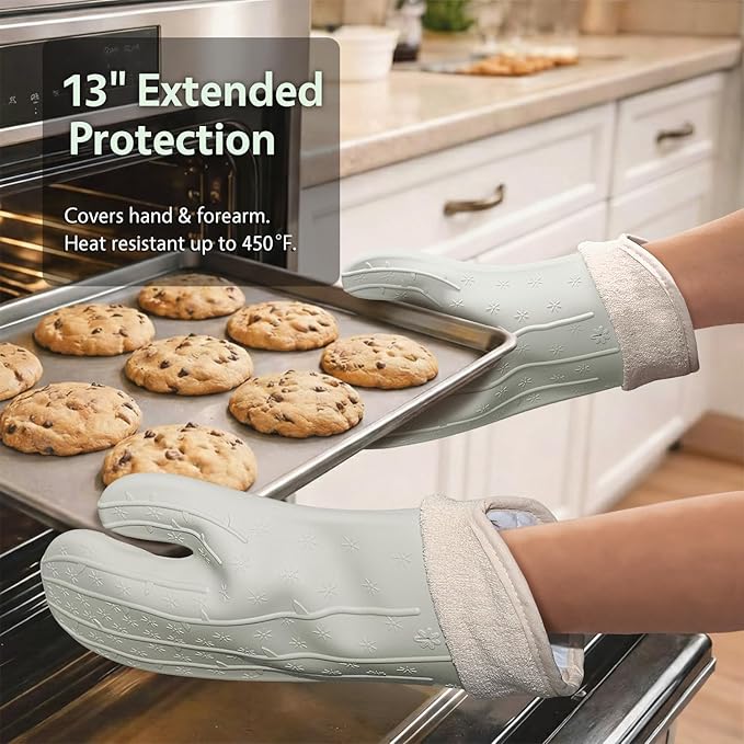 UMIRRO Cactus Silicone Oven Mitt 2-Pack Set, Heat Resistant, Non-Slip Grip for Kitchen Use, Safe for Cooking Baking & Grilling, Cute Kitchen Accessories, 13", Sage Green