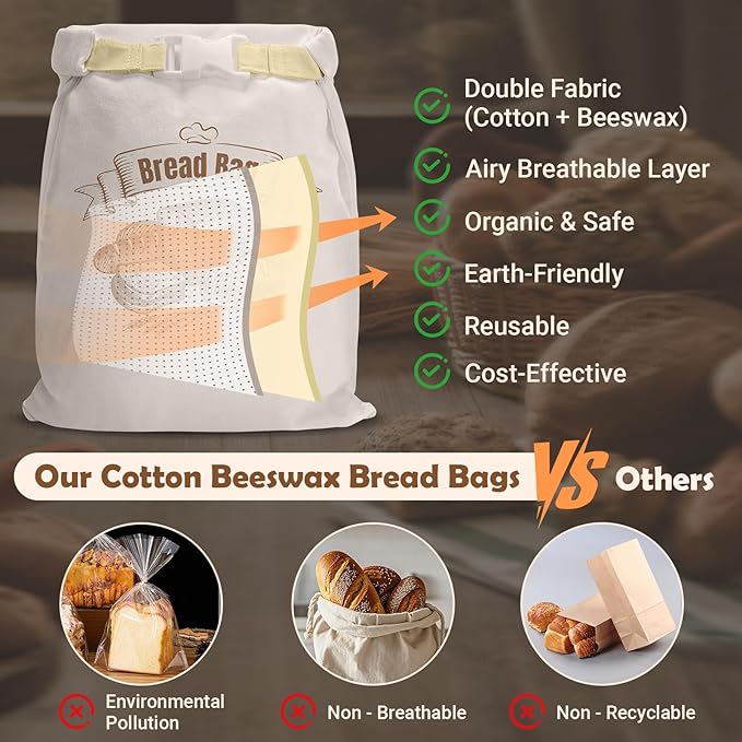 Cotton Beeswax Bread Bag(1Pack) Reusable Double-Lock Freezer Safe for Homemade Sourdough Bread Food Storage Gifts for Sourdough Bakers (Pattern 2)