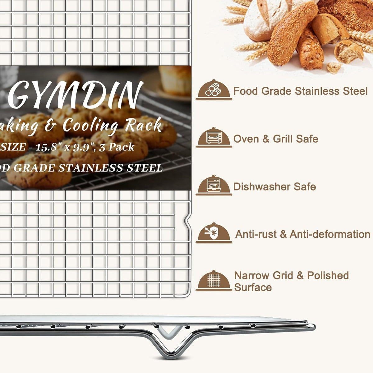 Cooling Racks for Cooking and Baking - 3PCS 16" x 10" Premium Stainless Steel Wire Cookie Cooling Rack for Baking, Roasting, and More - Oven & Dishwasher Safe - Fits Jelly Roll Pan