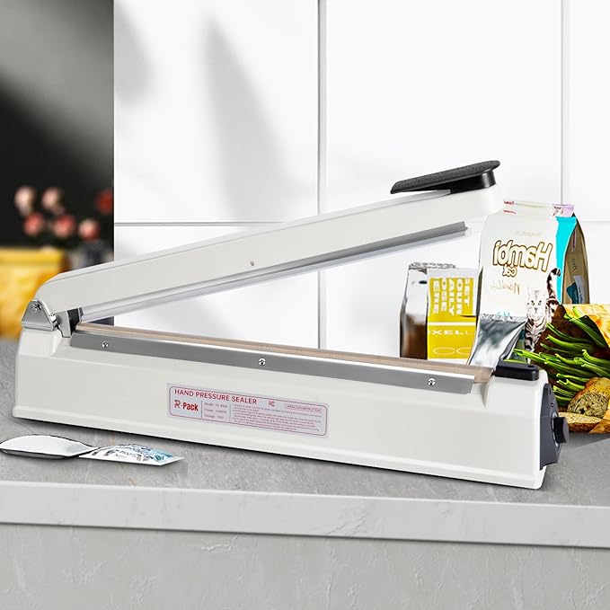 Impulse Heat Sealer with Hot Cutting Wire, Heavy-Duty Bag Sealing & Cutting Machine, 2 Extra Replacements, 8 Stalls Temperature Adjustment, White, 16-Inch