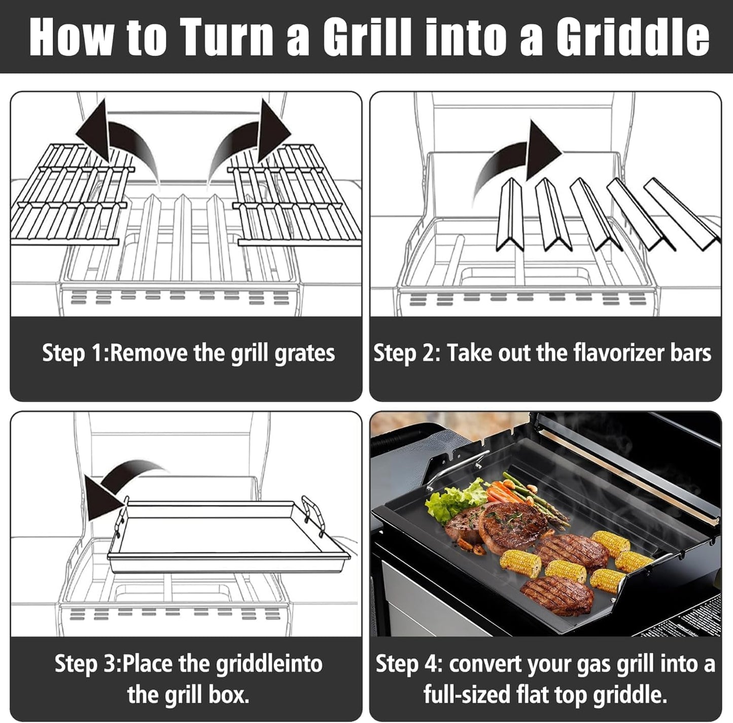 Full Size Griddle with Handles for Kitchen Aid 720-0709C 720-0826 860-0003C, Flat Top Grill Insert Replacement for KitchenAid 750-0780 870-0003 Nexgrill 720-0709B, Carbon Steel, Non-stick