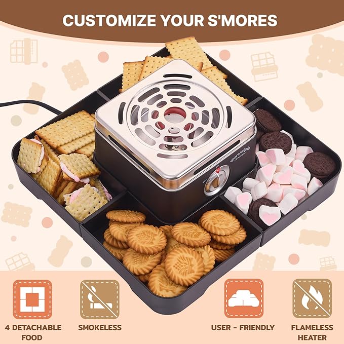 Electric Smores Maker - Indoor Smores Kit with 4 Detachable Trays, 4 Stainless Steel Forks - Flameless Smores Maker Tabletop Indoor Kit (Black)