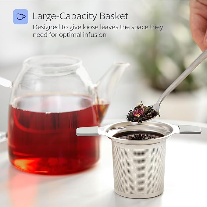 Stainless Steel Tea Infuser for Loose Leaf Tea – Extra Fine Mesh Strainer with Heat Proof Double Handles & Lid, Reusable Filter Fits Mugs, Cups & Teapots, Gray
