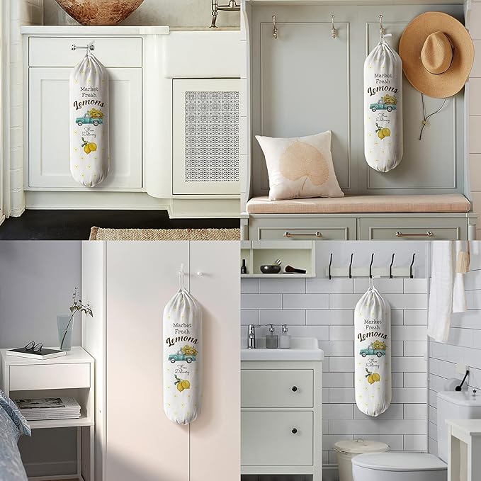 Hglian Farmhouse Grocery Plastic Bag Holder Dispenser Cute Market Fresh Lemons Buffalo Check Truck Shopping Trash bags Storage Container Organizer Lemons Kitchen Decor Yellow Blue