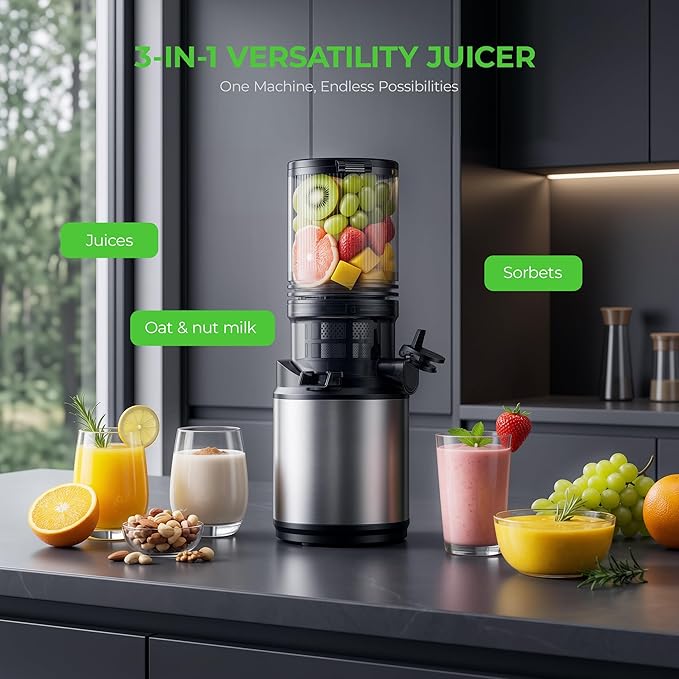 Juicer Machines, Cold Press Juicer with Wide Feed Chute, 3-in-1 Slow Masticating Juicer, Juice, Nut Milk & Sorbet Maker, BPA-Free, High Juice Yield for Whole Fruits & Vegetables Easy to Clean