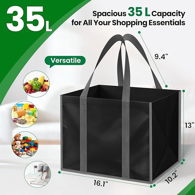 SpaceWhisper Reusable Grocery Bags with Long Handles [6 Pack] - Multipurpose Large Shopping Bags for Groceries, Foldable Grocery Totes Resist Water & Stains for Kitchen, Car Trunk, Picnic (Black)