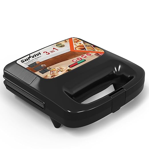 3 in 1 Waffle, Grill & Sandwich Maker, Sandwich Maker Panini Press Waffle Iron Set with Removable Non-Stick Plates & Indicator Lights, Panini Press Grill for Breakfast, 800W, Black