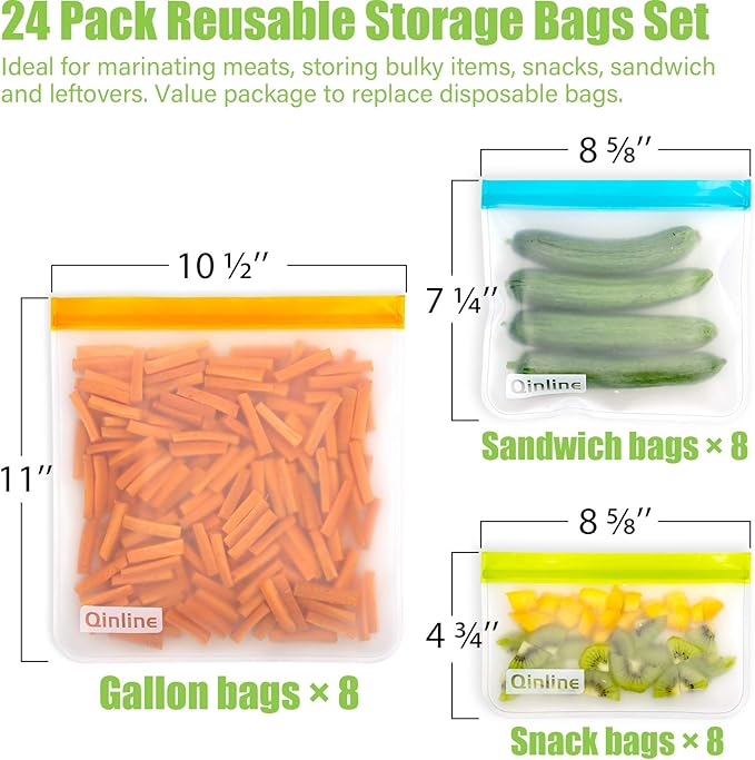 Qinline Reusable Food Storage Bags - 24 Pack Freezer Extra Thick Leakproof Lunch Bag - 8 Gallon 8 Sandwich 8 Snack Bags