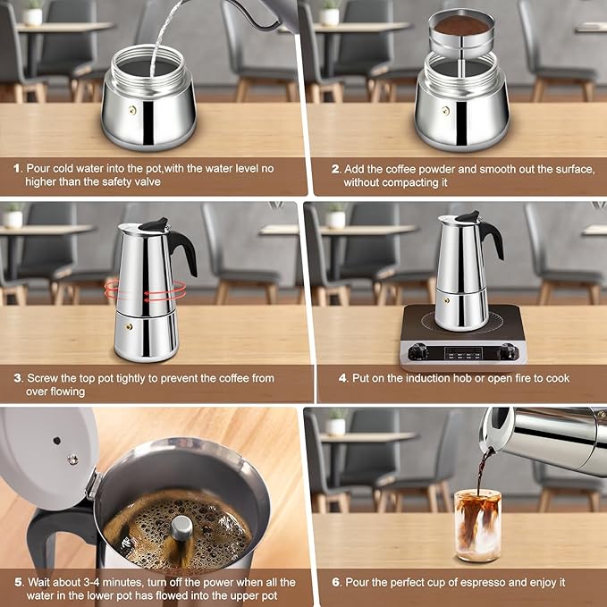 6 Cup Stovetop Espresso Maker Stainless Steel Moka Pot Stove Top Percolator Italian Coffee Makers Capable Mocha Greca Machine Cafe Classic Induction Cookers for Home and Camping 300ml 10oz
