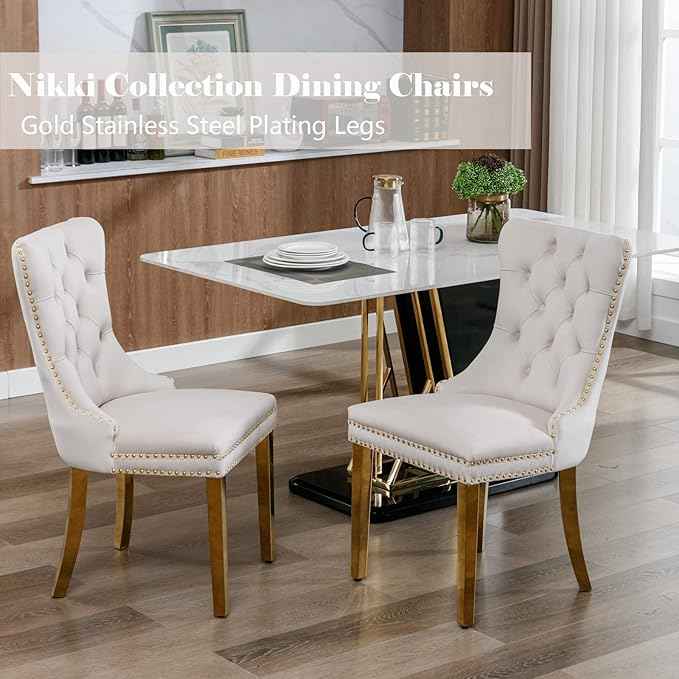 Beige Velvet Dining Room Chairs Set of 2, Upholstered Dining Chairs with Back Ring Pull Trim and Golden Stainless Steel Legs,Modern Kitchen Chairs for Dining Room,Living Room,Kitchen(Beige)