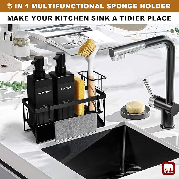 GMISUN Dish Soap Dispenser, 12 fl oz / 350 ml Dual Kitchen Soap Dispensers with Sponge Holder, Customized Matte Black Kitchen Soap Dispenser Set, Modern Hand and Dish Soap Bottle Set Removable