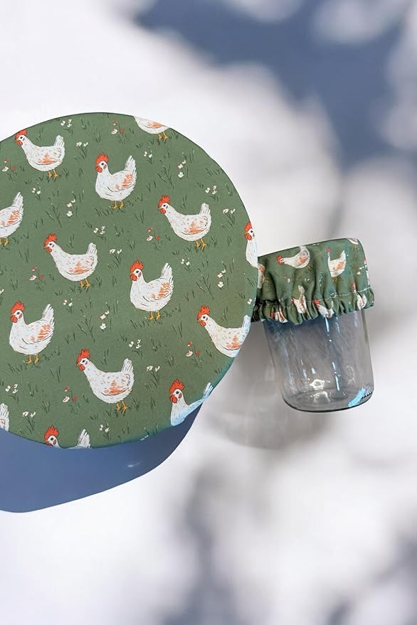 (4-Pack) Sourdough Reuseable Jar & Bowl Covers | Cute Baking Gift | 100% Cotton | Washable | Bread Proofing | Kitchen Food Storage Gifting | Starter Cover Lid Kit (Chickens)
