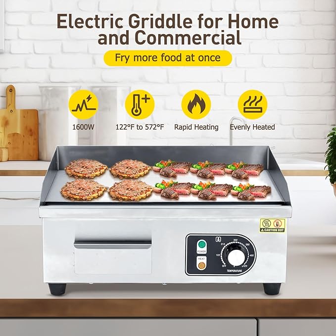 Takywep 18 Inch Electric Griddle, 1600W Electric Countertop Griddle, Non-Stick Restaurant 110V Teppanyaki Flat Top Grill Stainless Steel Adjustable Temperature Control 122°F-572°F (with PLUG)