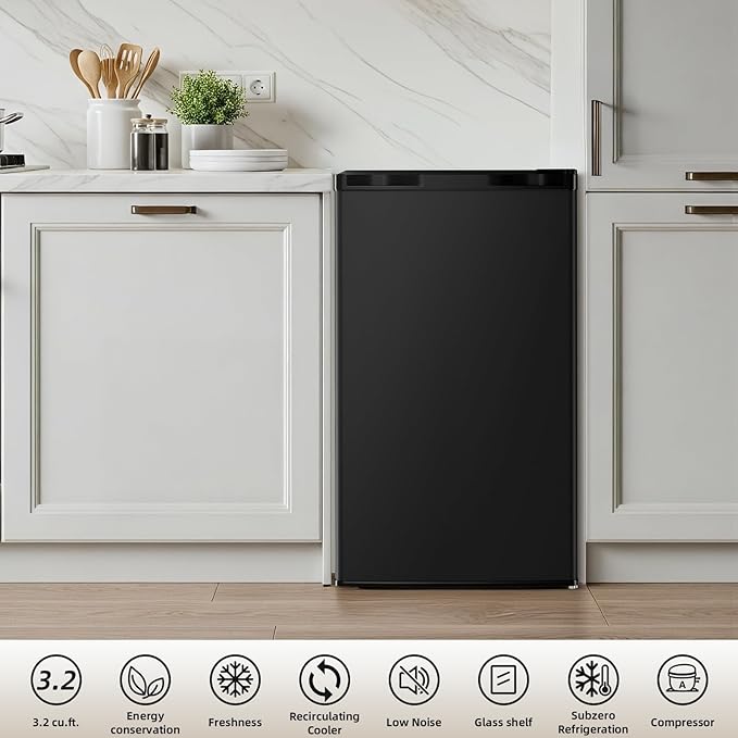 Antarctic Star 3.2 Cu.Ft.Compact Refrigerator with Freezer, Mini Fridge Single Door with Adjustable Thermostat,Removable Glass Shelves for Apartment,Dorm,Office,Kitchen，BLACK