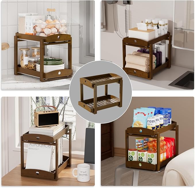 Bamboo Wood Under Sink Organizer 1 Pack, Pull Out Cabinet Organizer 2 Tier Under Sink Organizers and Storage w/Sliding Drawer Sturdy Easy Assembly for Kitchen Bathroom Undersink (Walnut, 2 Packs)
