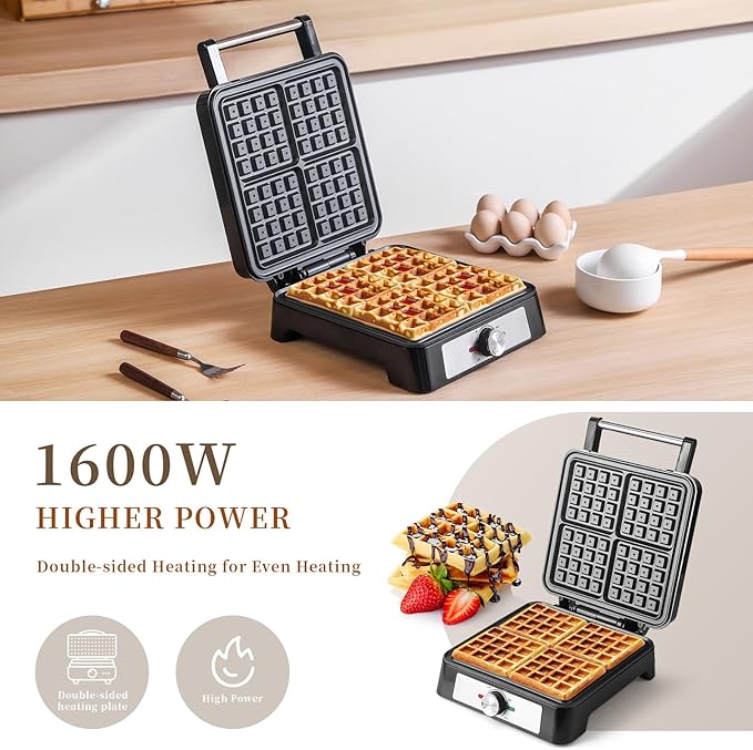 UVFAST Waffles Maker Waffle Iron, 4 Belgian Square Waffle Maker, Belgian Waffle Maker Thick with Non-stick Plate, Breakfast Waffle Machine Make Waffle in Minutes, 3 Browning Level, 1200W