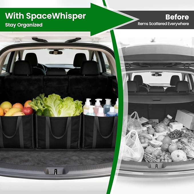 SpaceWhisper Reusable Grocery Bags with Long Handles [4 Pack] - Multipurpose Large Shopping Bags for Groceries, Foldable Grocery Totes Resist Water & Stains for Kitchen, Car Trunk, Picnic (Black)