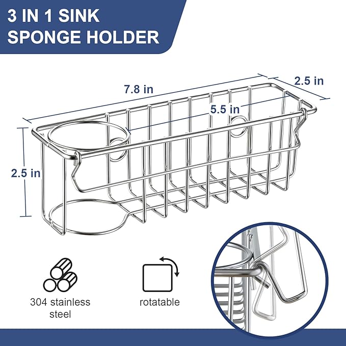 3-In-1 Sponge Holder for Kitchen Sink with Suction Cups & Adhesive Hook , In-sink Sponge Holder, Wall Hanging Sink Caddy Organizer Rack - Sponge, Dish Cloth, Brush, Scrubber - 304 Stainless Steel