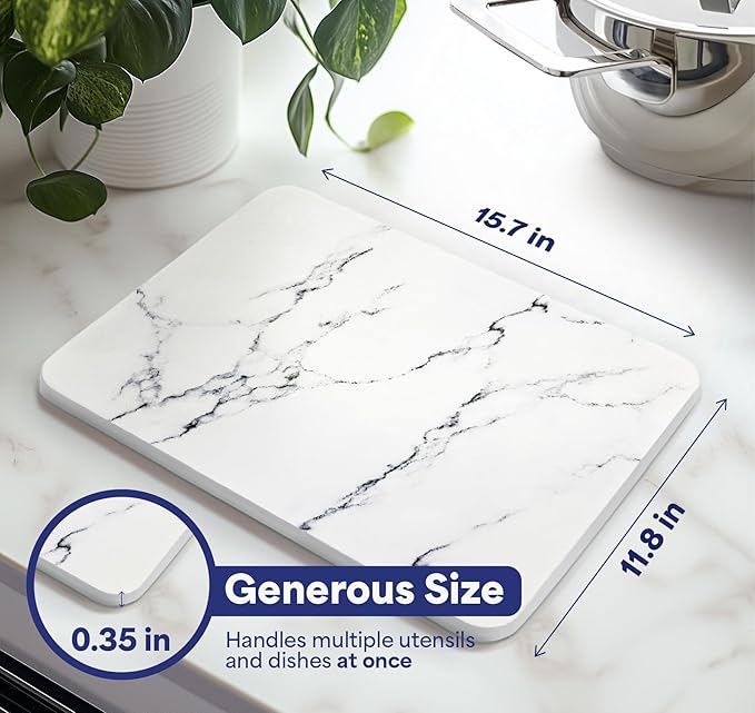 Premium Marble Diatomite Stone Dish Drying Mat, 15.7x11.8 inches, Ultra-Absorbent, Heat & Odor-Resistant, with Anti-Slip Pads & Sanding Tool for Easy Maintenance