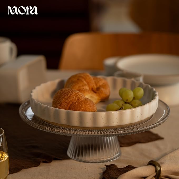 MORA Ceramic Tart Pan, 9.5 Inch Large Porcelain Baking Dish for Tarts, Quiche, Pie, Flan etc. Fluted Ruffled Edge, Oven, Microwave, Freezer, and Dishwasher safe - Great Gift For Bakers - Oat