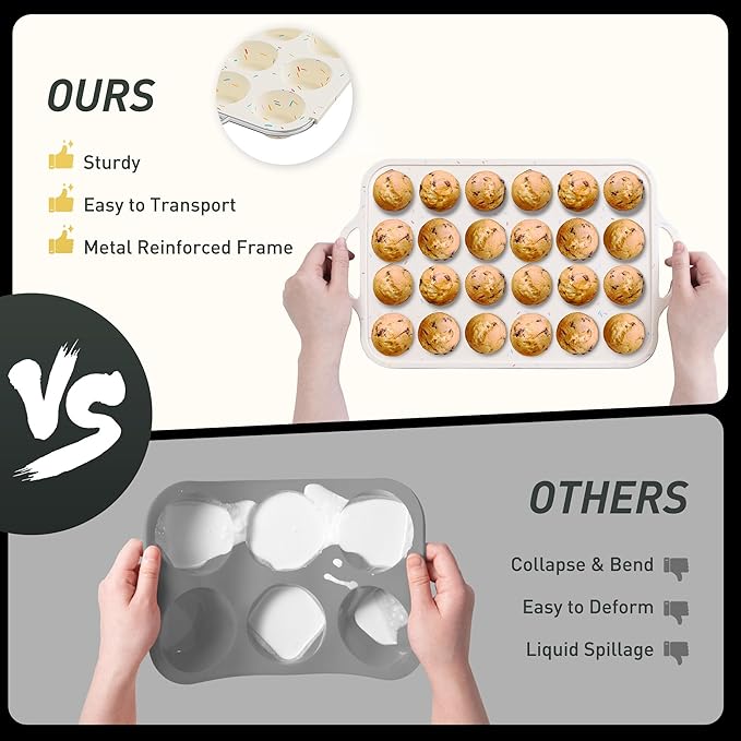 Socisen 24 Cups Silicone Muffin Pan with Metal Reinforced Frame Mini Size Cupcake Pan Tray Egg Bites Silicone Circle Cookie Molds Muffin Tin Tart Pans Non Stick Toxic Oven Safe Baking Sheet Set