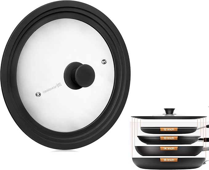 LSR Loreso Universal Pan Lid for Pots Pans and Skillets 12-15 Inch - Tempered Glass Pot Lid with Auto-Sizing Silicone Rim - Black