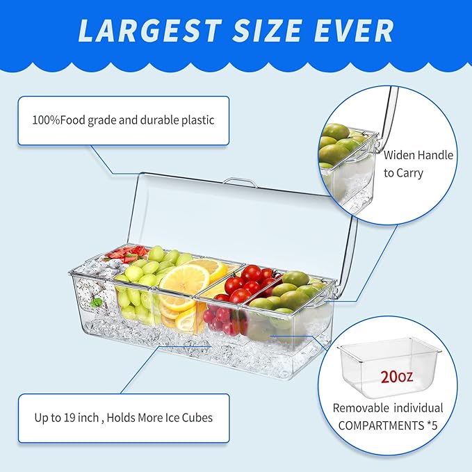 Large Ice Chilled Condiment Caddy，Chilled Condiment Containers Server with Lids for 5 Removable Compartments (2.5 cup)，Serving Platters, Fruit & Garnish Tray for Party Supplies & Bar Accessories