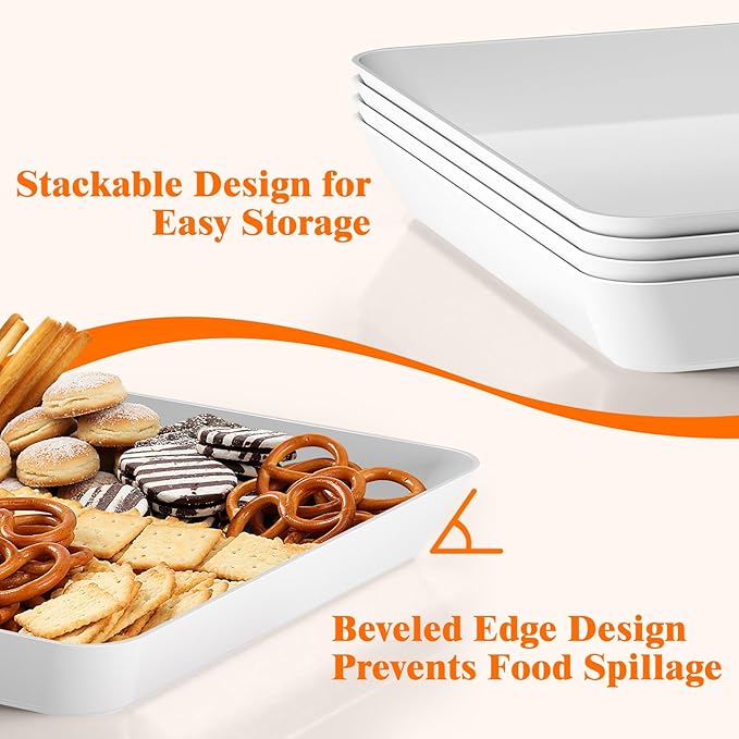 SpaceTrove 4-Pack Serving Tray Set, Reusable Plastic Serving Platter for Party Supplies, Entertaining, Grilling Accessories, Stackable Kitchen Snack Box Container for Dessert, Fruit, Cookie, (White)