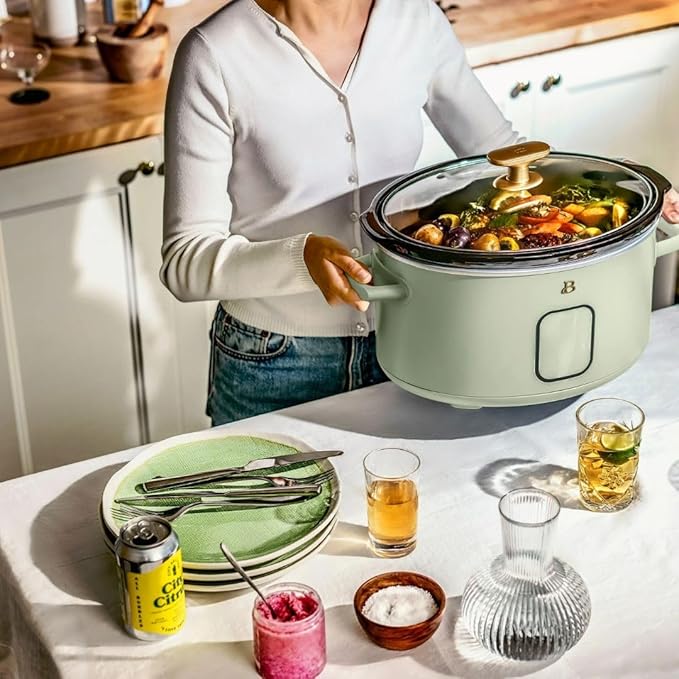 Beautiful 6 Qt Programmable Slow Cooker by Drew Barrymore -5 Preset Cooking Functions, Digital Countdown Timer, Dishwasher-Safe Parts and Cool-Touch Handles (Sage Green)