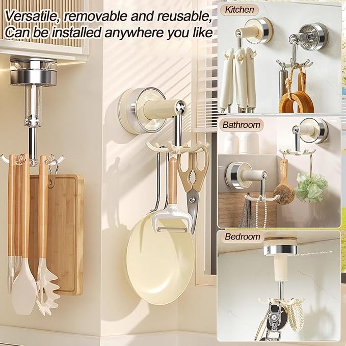 MFMYEE Kitchen Suction Cup Hook, 360 Degree Rotating Storage with Multiple Claws, Punch-Free Organizer, Shower Suction Cup with 6 Hooks (White)