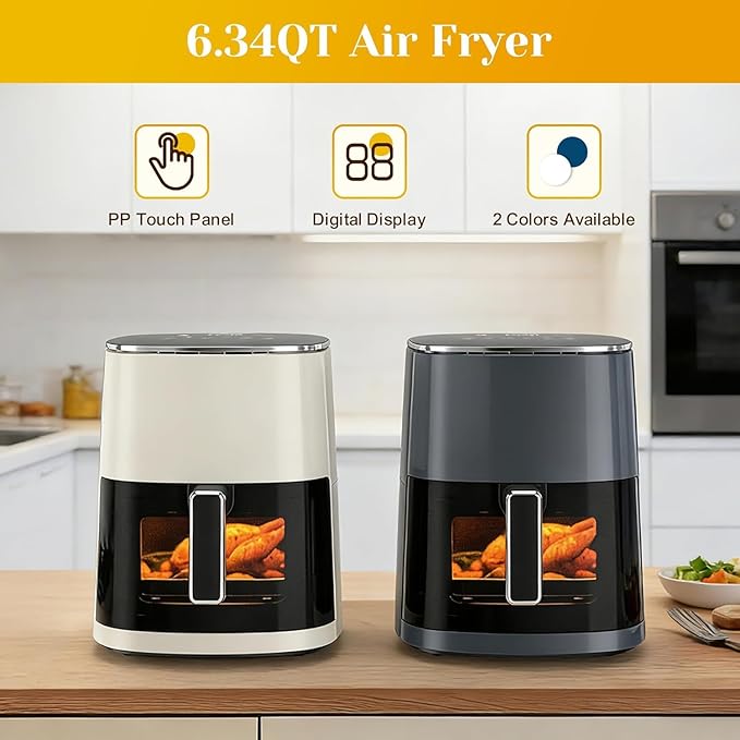 6-Quart Square Air Fryer with Viewing Window – 12-in-1 Multi-Function Appliance for Frying, Roasting, Baking, Steaming & Dehydrating, 400°F Maximum Temperature, Gray