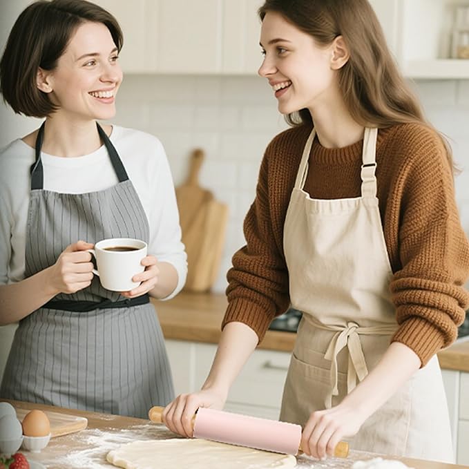 Silicone Rolling Pin for Baking,15inch Pastry Dough Roller with Wooden Handle Non Stick Surface Rolling Pin for Dough Fondant Cookie Pastry Tapered Dumpling Baking Supplies (pink)